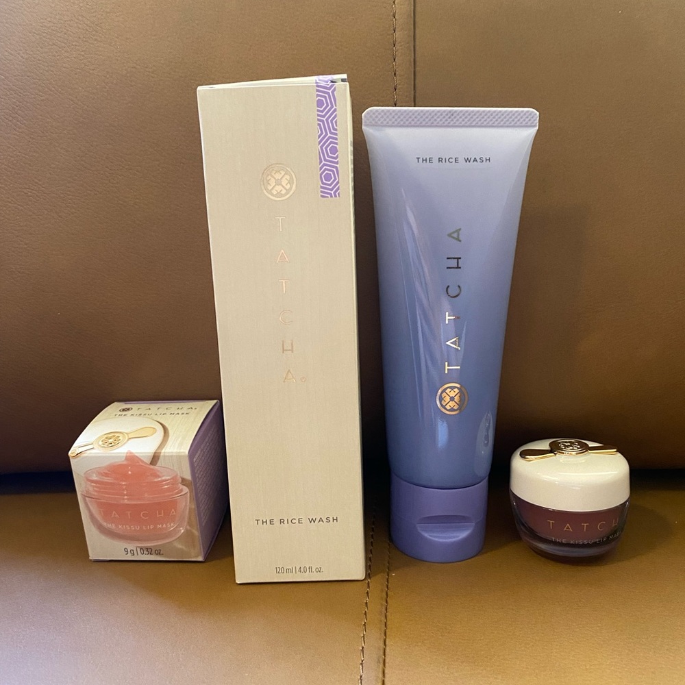 Tatcha Rice Wash Cleanser and Kissu plumping lip mask